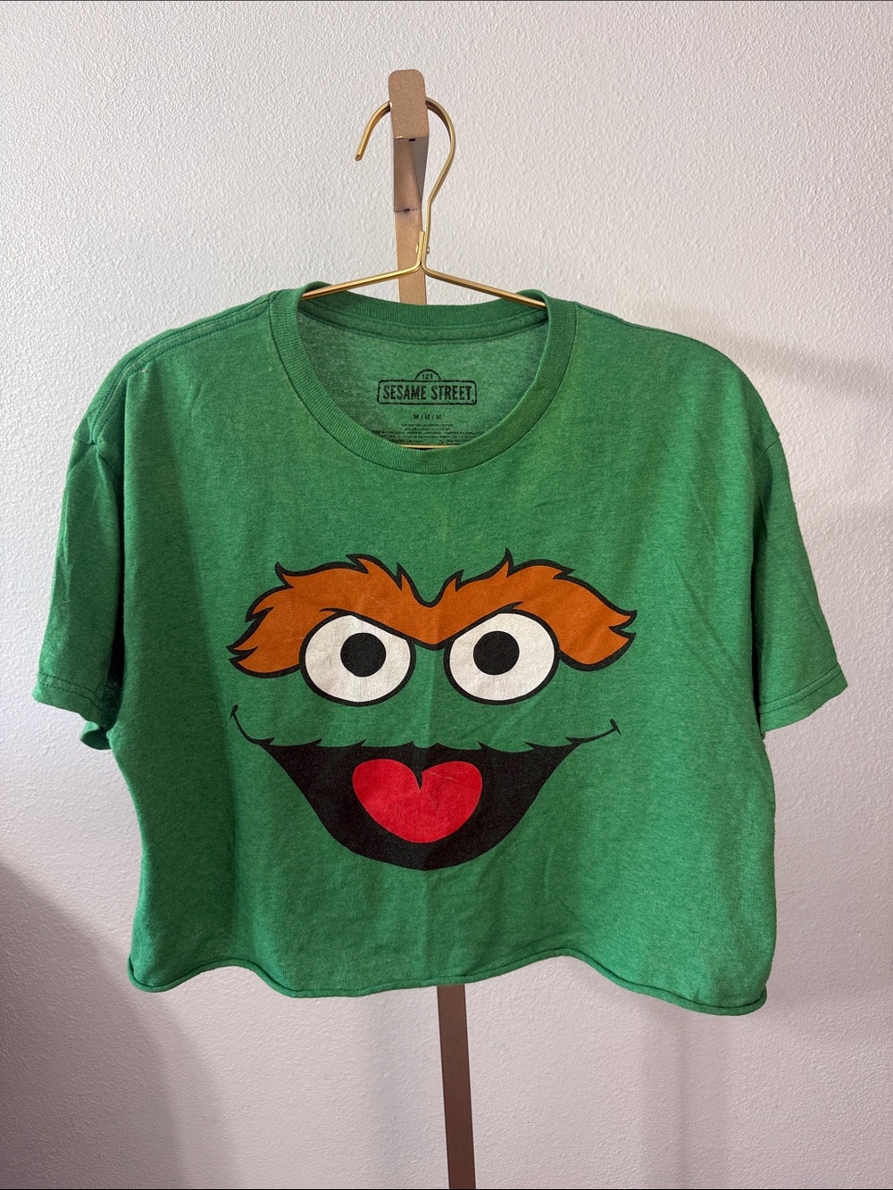 Sesame Street Green Oscar Face Graphic Crop Tee- medium